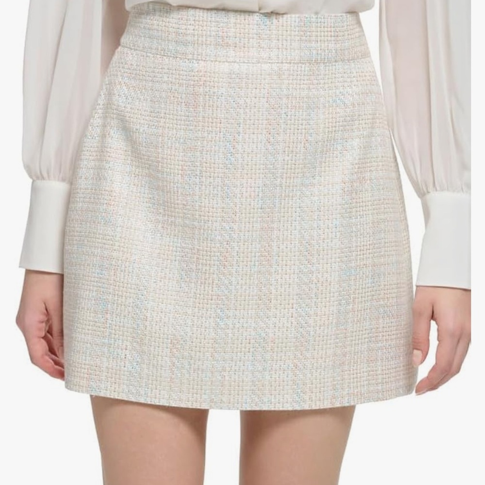 Calvin Klein Women's X-Fit Rainbow Pastel Tweed Skirt Oatmeal Multi Size 8